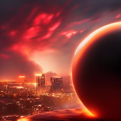 Prompt: a black glowing sphere in the center of the sky surrounded by swirling firestorm clouds, a detailed wide cityscape modern, wide perspective, highly detailed digital art, cinematic, hyper realism, oil on canvas, trending on Artstation, octane render