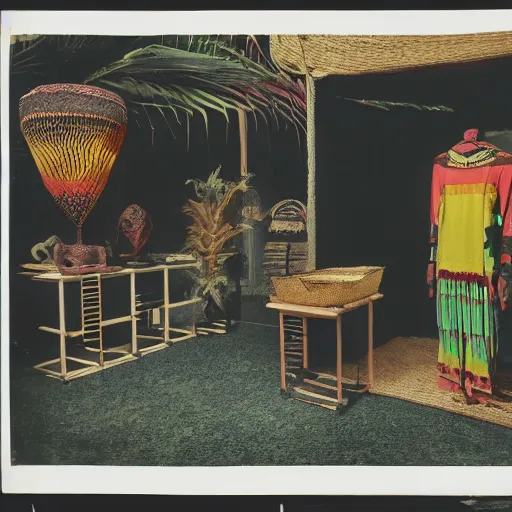 Prompt: A three color offset photography of single ((ethnographic )) object on display, anthropology of wonder, tropicalism, conceptual, exotic artifacts, colonial expedition, exhibition, 60s style