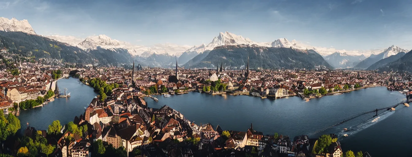 Image similar to Photo of Zurich, looking down the river at the lake and the alps, Hardturm, Grossmünster, wide angle, volumetric light, hyperdetailed, mountain water, artstation, cgsociety, 8k