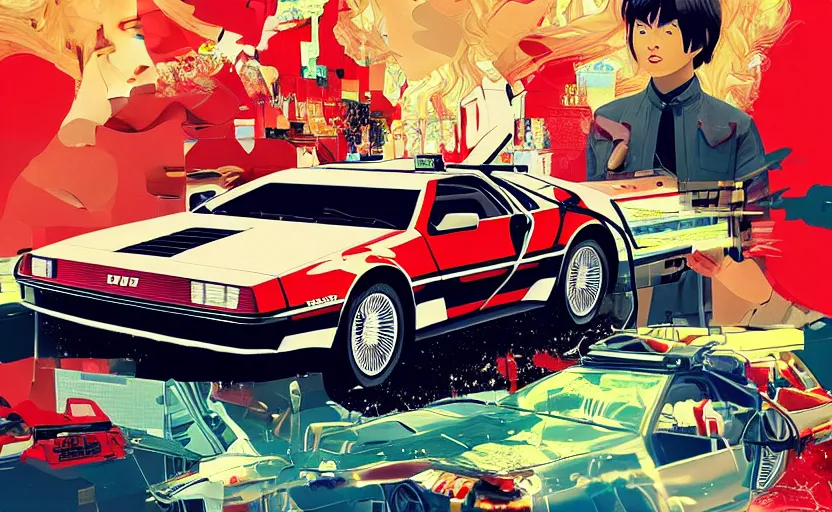 Image similar to a red delorean with a yellow tiger, art by hsiao - ron cheng & shinya edaki in a magazine collage style, # de 9 5 f 0