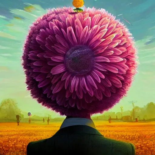 Image similar to giant daisy flower as a head, frontal, a girl in a suit, surreal photography, sunrise, dramatic light, impressionist painting, digital painting, artstation, simon stalenhag