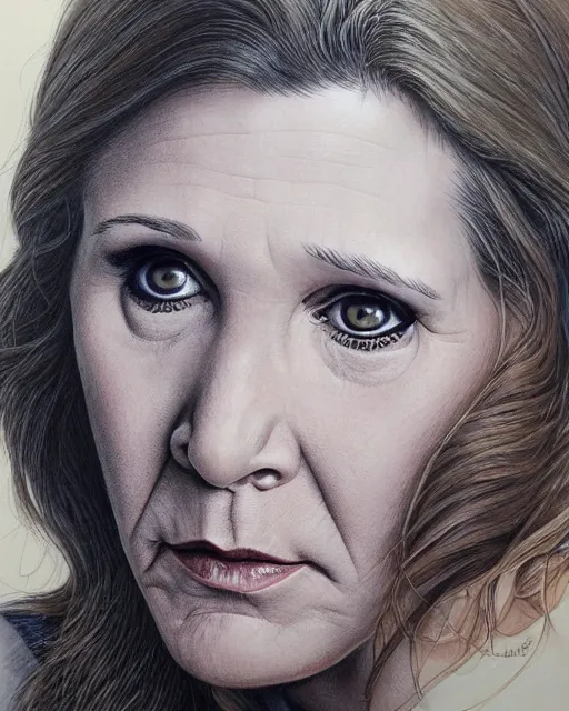 Prompt: portrait of carrie fisher, gritty, dark, very detailed eyes, hyperrealistic, very detailed painting by Glenn Fabry, by Joao Ruas, by Artgerm