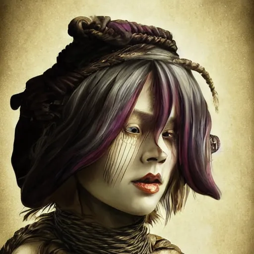 Image similar to portrait of a Shibari rope wrapped face and neck, headshot, insanely nice professional hair style, dramatic hair color, digital painting, of a old 17th century, old cyborg merchant, amber jewels, baroque, ornate clothing, scifi, realistic, hyperdetailed, chiaroscuro, concept art, art by Franz Hals and Jon Foster and Ayami Kojima and Amano and Karol Bak,