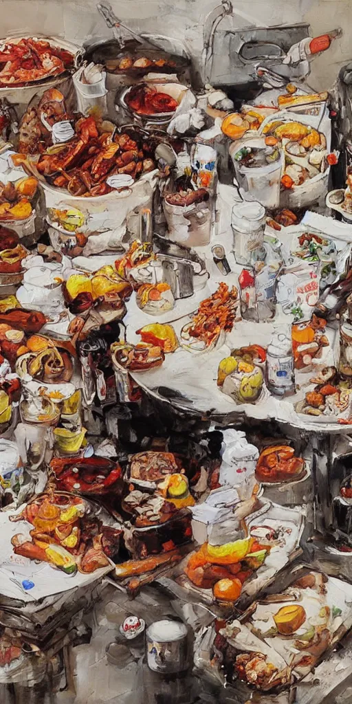 Image similar to oil painting scene from food dump by kim jung gi