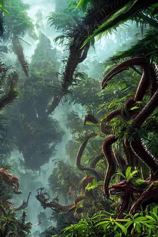 Image similar to alien hive in the exotic jungle, landscape, alex ross, giga, david finch, concept art, matte painting, highly detailed, rule of thirds, dynamic lighting, cinematic, detailed, denoised, centerd