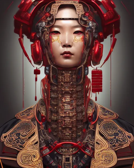 Image similar to portrait of a chinese cyberpunk machine, machine face, robed, upper half portrait, decorated with chinese opera motifs regal royal fierce machine robot cyberpunk fine china, wuxia, traditional chinese art intricate intense elegant highly detailed digital painting artstation concept art smooth sharp focus illustration, art by artgerm and greg rutkowski alphonse mucha 8 k