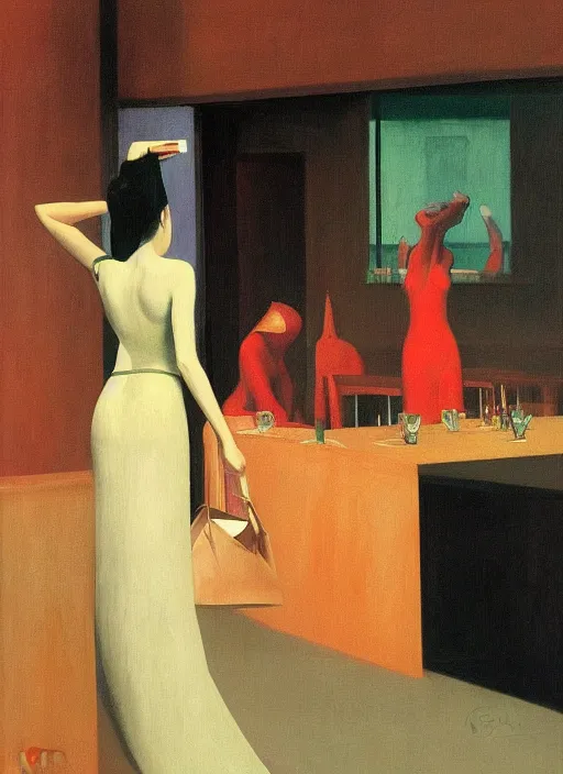 Image similar to women in paper bag over the head and a sward at catwalk restaurant Edward Hopper and James Gilleard, Zdzislaw Beksinski, highly detailed