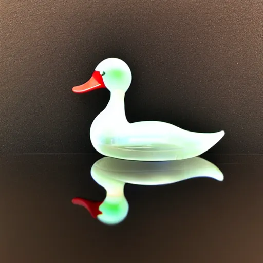 Prompt: a clear glass duck sitting on a table