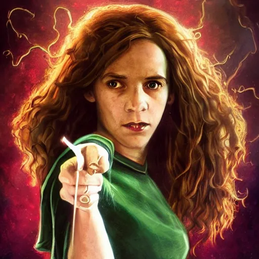 Image similar to full body portrait of hermione granger ( from harry potter ) as a dark hot witch, concept art, green magic, hyper detailed, art station, fantasy art, illustration, dark lighting by mark brooks