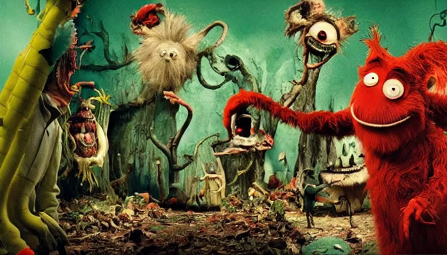 Prompt: full - color cinematic movie still from a live - action “ dr. seuss ” horror film directed by “ guillermo del toro ”. the scene features bizarre whimsical imaginary animals from the story “ if i ran the zoo ”. highly - detailed ; photorealistic ; frightening.