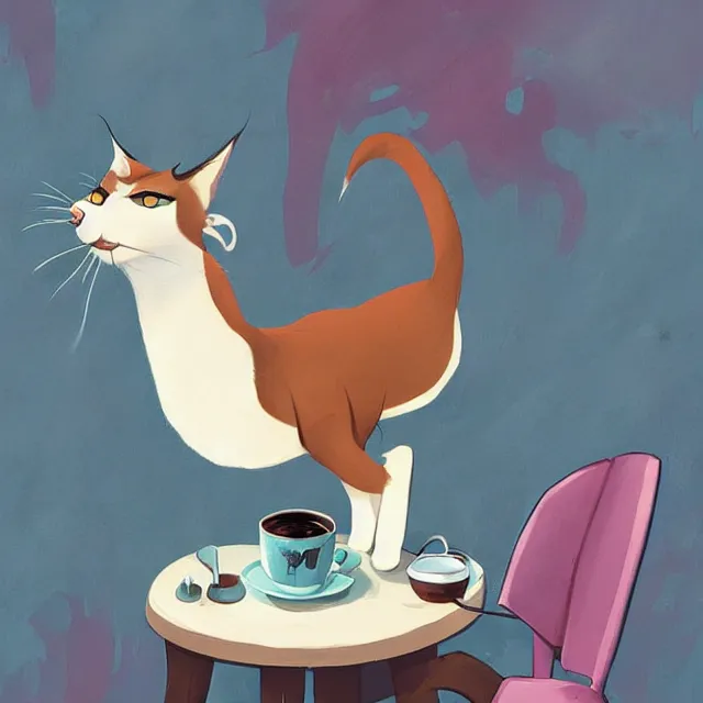 Prompt: cute caracal drinking coffee, by cory loftis, character art, art, very coherent, plain background, lighthearted, soft painting