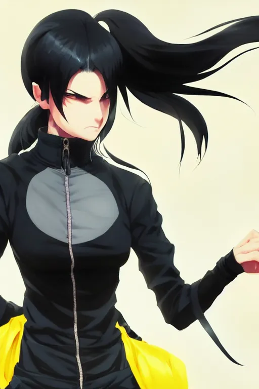 Image similar to black ponytail hair, pale woman in a black zipper jacket, yellow eyes, by artgerm, hair tied in a ponytail, black background, cinematic color grading, fighting pose, dynamic angle, by greg rutkowski makoto shinkai takashi takeuchi