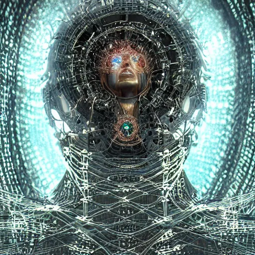 Prompt: blinded cybernetic deity dreaming itself into reality with its networked mind, lsd, circuitry, intricate detail, royo, whealan, giger, klimt, hd, octane render, unreal engine,