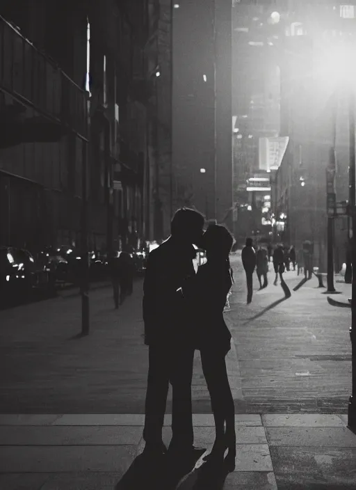 Image similar to a 2 8 mm macro photo of a couple kissing in the city in silhouette in the 1 9 7 0 s, bokeh, canon 5 0 mm, cinematic lighting, dramatic, film, photography, golden hour, depth of field, award - winning, 3 5 mm film grain, low angle