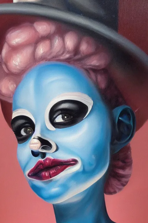 Image similar to hyperrealism oil painting, close - up portrait of commedia dell'arte fashion woman model, gradient mixed with nebula sky, in style of baroque