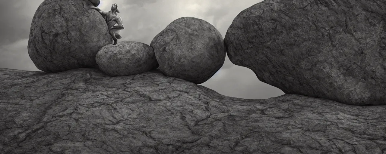 Prompt: Sisyphus pushing a large and round boulder up a mountain, the stone is rolling up, sisyphus looks tired and dejected, the mountain is steep, melancholic mood, photo realistic, 8k, HDR, ultra detailed, close up shot, movie poster, cinematic composition, trending on artstation