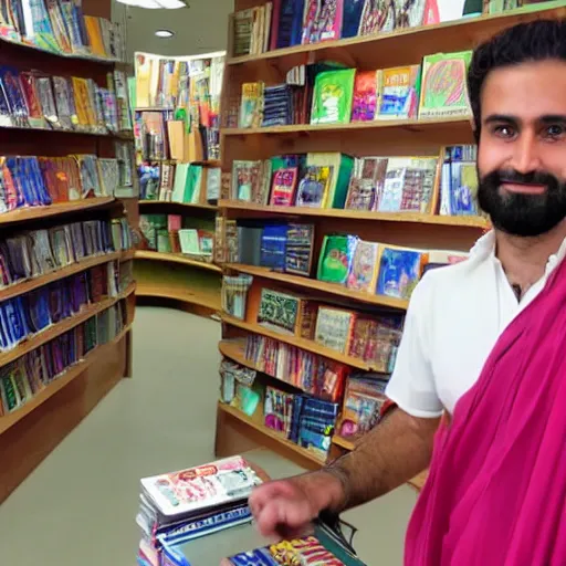 Image similar to Italian/Irish guy in kurta as a cashier in the bookstore at a Hindu ashram