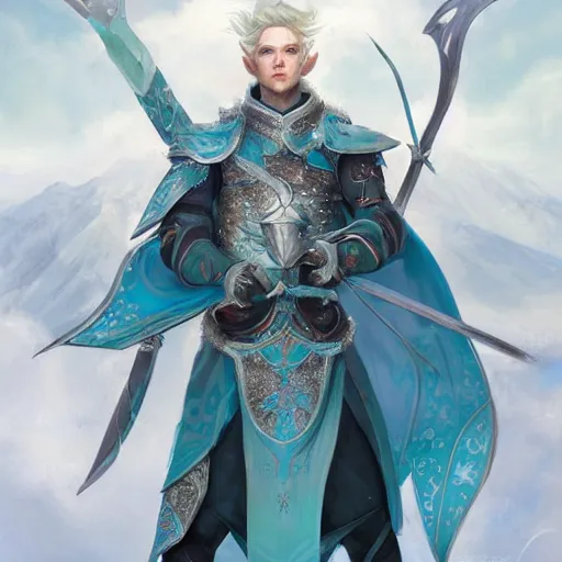 Image similar to half length portrait of a handsome male snow elf in a turquoise cape and silver ornate armour as an archer, archer portrait, magical tundra background, albino skin, by wenjun lin, krenz cushart, trending on artstation, award - winning