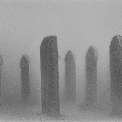 Prompt: an eerie graveyard with ancient tombstones, misty, strands of fog, creepy, night lighting, finely detailed black and white pencil drawing