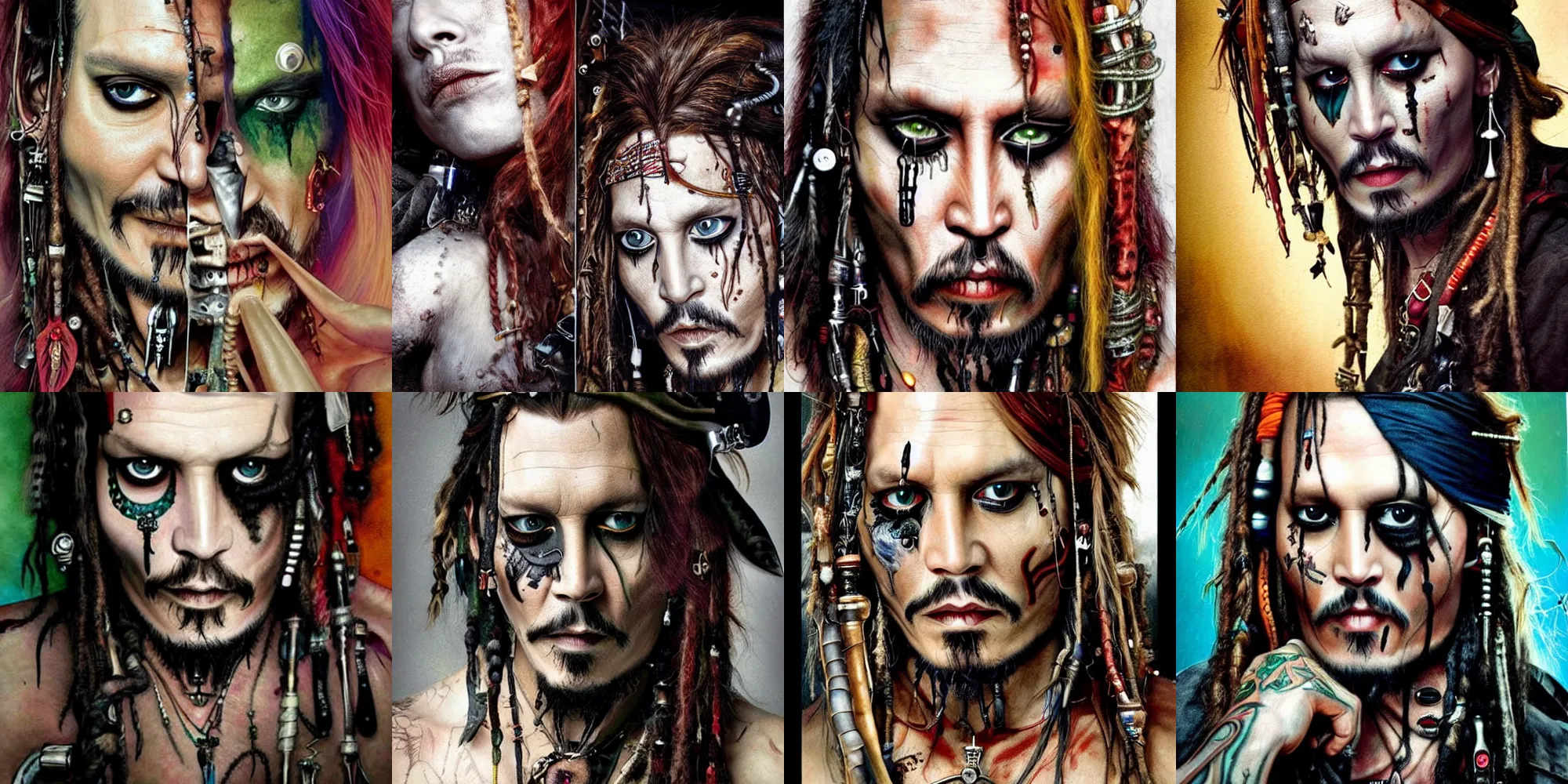 Prompt: dead cyborg Johnny Depp as Jack Sparrow embraced by passion, portrait, headshot, insane avant-garde professional hair style, dramatic hair color, fully tattoed snake skin, emerald eyes, amber jewels, ornate clothing, baroque digital painting, epic cinematic, sci-fi, psychedelic, realistic, hyperdetailed, chiaroscuro, concept art, art by Jon Foster and Michael Whelan and Amano and Karol Bak