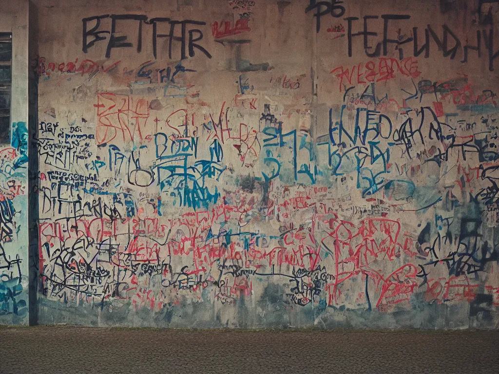 Image similar to “35mm film photography of Berlin Wall, various subjects, cinestill 800t, grain”