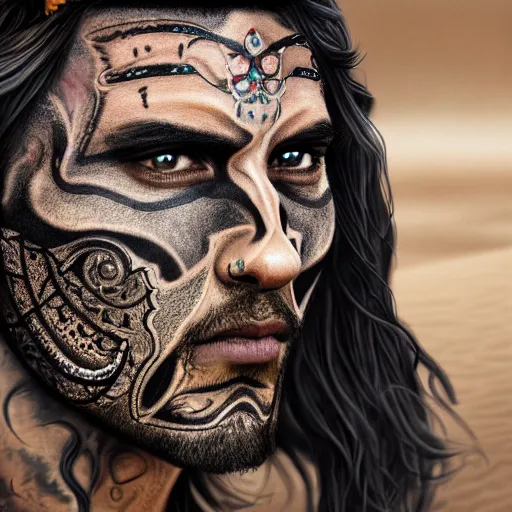 Image similar to a detailed portrait of desert warrior with face tattoos, fantasy art illustration, incredibly highly detailed and realistic, 8 k, sharp focus