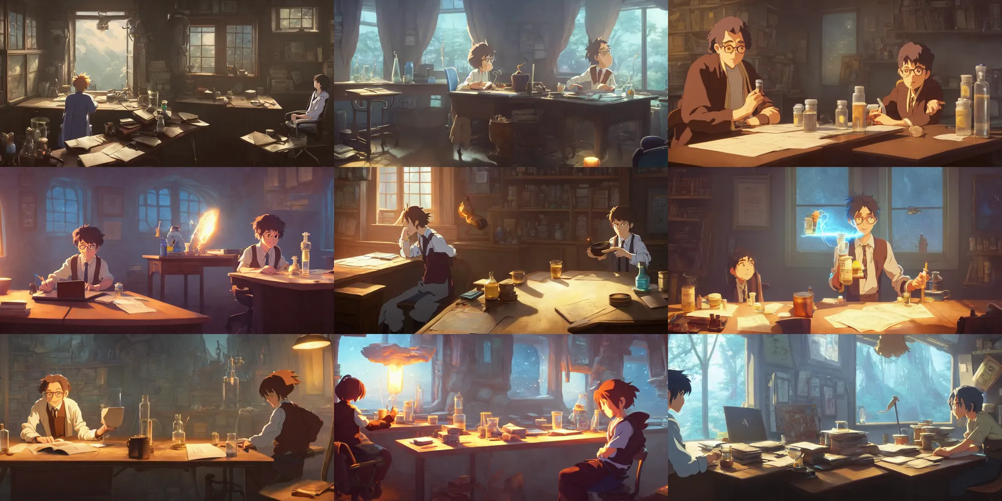 Prompt: a wizard with brown hair is sitting at his desk with jars of liquids and beakers of bubbling potions, medium shot, waist up, studio ghibli, pixar and disney animation, sharp, rendered in unreal engine 5, anime key art by greg rutkowski, bloom, dramatic lighting