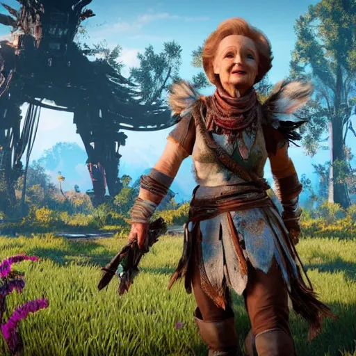 Prompt: film still of Betty White as Aloy in Horizon Zero Dawn