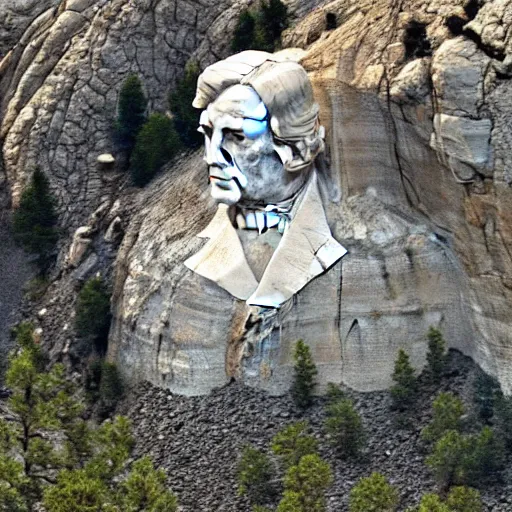 Image similar to a photo of mount rushmore after donald trump's face had been added. the photo clearly depicts the facial features of donald trump and his particular hair style carved into the stone at the mountain top, regal, pensive, powerful, just