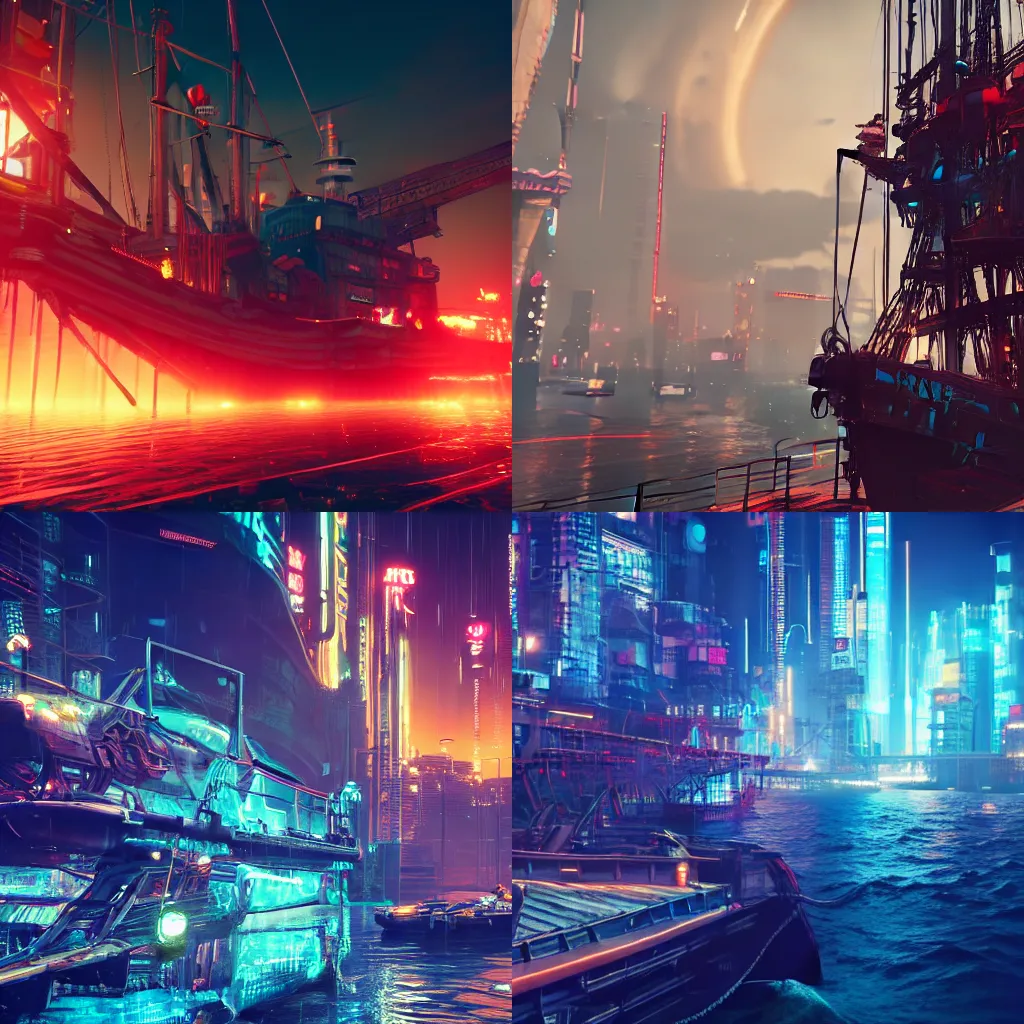 Prompt: a battered pirate ship pulls into the port of night city cyberpunk 2077 in the evening with dim neon city light in the background, close up, hyper realistic, octane, cinematic, high energy