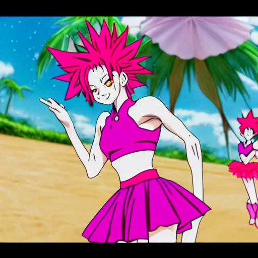 Prompt: hisoka from hunter x hunter wearing a pink tutu ballet dress with a shiny chrome banana in his hand while standing on a rainy beach with girls in colorfull bikini ‘ s in the back, anime style, 4 k, high detail,