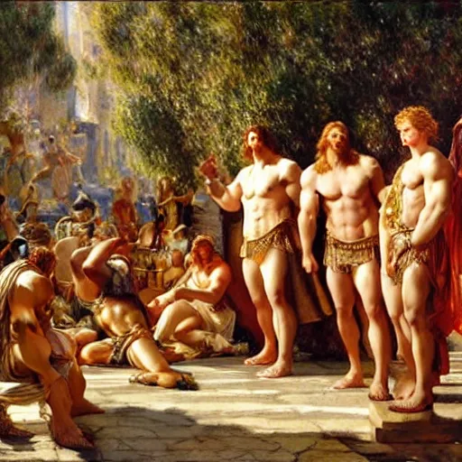 Prompt: hercules watches achilles while they wait in line to worship at zeus'feet, throne of olympus, heavenly marble, gods and goddesses in elegant clothes, painting by gaston bussiere, craig mullins, j. c. leyendecker, tom of finland, claude monet