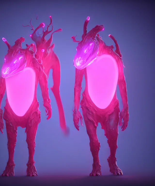 Image similar to twin creatures made of bioluminescence slimy skin, fantasy, elegant, crisp 8 k line art, digital painting, artstation, unreal engine, octane render, emissive lighting, concept art, matte, sharp focus, hyper realistic lighting, illustration, deep royal blue and pink color scheme, art by dave kendall