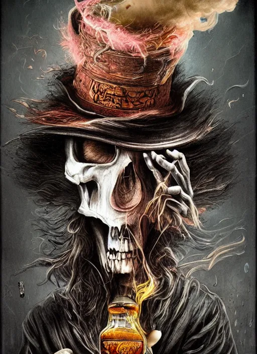 Image similar to Mad hatter big cloud of smoke, bottle of whisky, guitar, lightning,death tarot card,highly detailed,half skull face,cinematic,8k,by Stanley Artgermm,Tom Bagshaw,Greg Rutkowski,Carne Griffiths, Ayami Kojima, Beksinski, Giger,trending on DeviantArt,hyper detailed,horror, full of colour