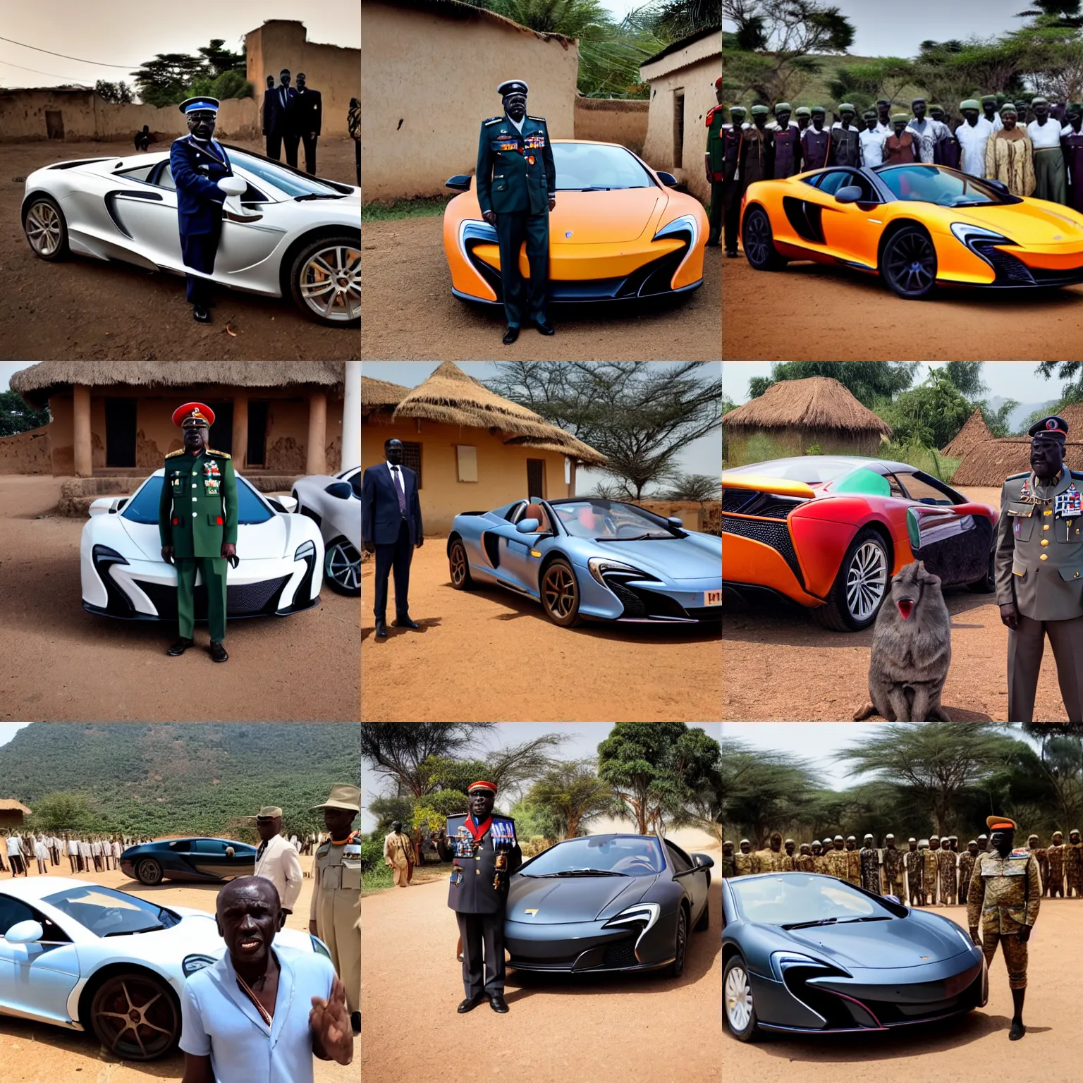 Prompt: High-quality photography of an African dictator dressed as a general posing next to his McLaren 650S in an African village and surrounded by curious villagers, shot on iPhone