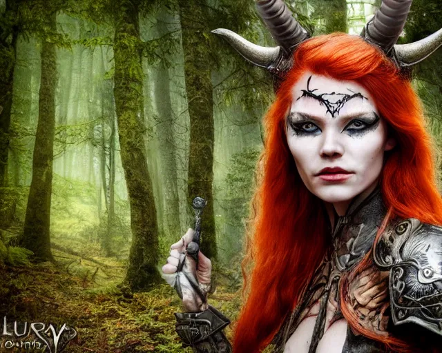 Prompt: 5 5 mm portrait photo of an armored redhead woman warrior with a face tattoo and horns growing from her head, in a magical forest. by luis royo. highly detailed 8 k. intricate. lifelike. soft light. nikon d 8 5 0. cinematic post - processing