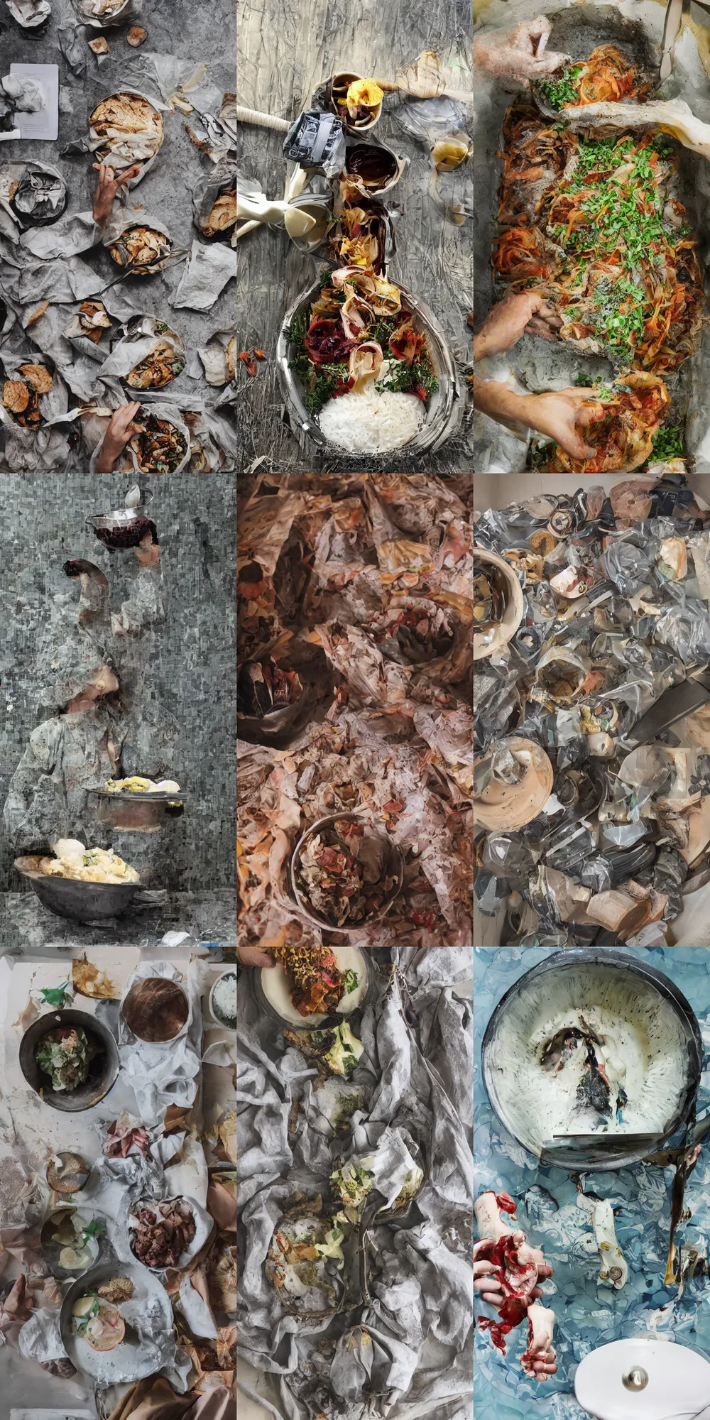 Prompt: someone stirring a bowl of food above washbasin, professional photography, single pair of hands, book cover W 1000