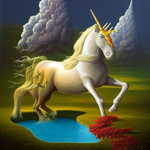 Prompt: Surreal painting named Unicorn kingdom by Vladimir Kush