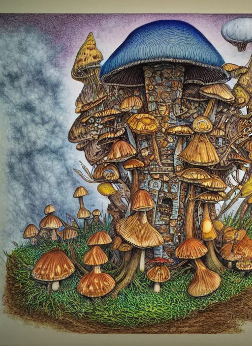 Image similar to a hybrid between a mushroom and a house,, insanely detailed, studio light, patrick woodroffe, colored pencil