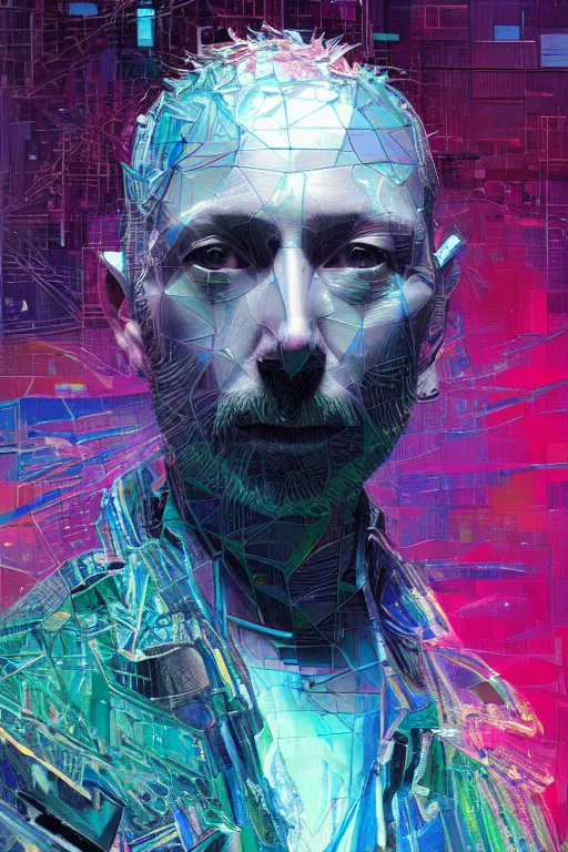 Image similar to A portrait of Thom Yorke as a cyberpunk android, iridescent geometry, surrounded by Mist, highly detailed, intricate, soft, sci-fi, sharp focus, subsurface scattering, art by Caravaggio, Greg rutkowski, Sachin Teng, Thomas Kindkade, Alphonse Mucha, Norman Rockwell, Tom Bagshaw.