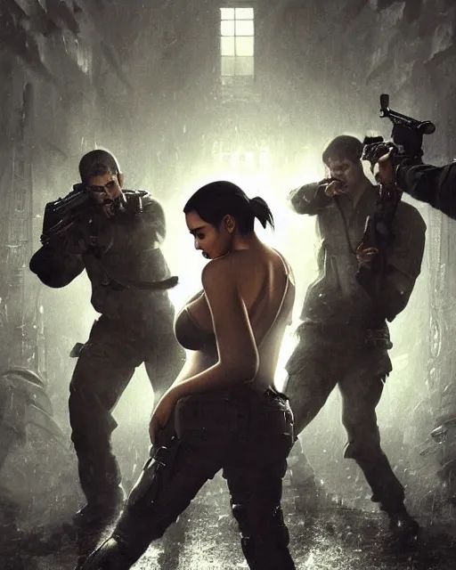 Image similar to A film still of kim kardashian being tackled by zombies in resident evil, highly detailed, digital painting, artstation, concept art, sharp focus, illustration, cinematic lighting, art by artgerm and greg rutkowski and alphonse mucha diffuse lighting, fantasy, intricate, elegant, highly detailed, lifelike, photorealistic, digital painting, artstation, illustration, concept art, smooth, sharp focus, art by John Collier and Albert Aublet and Krenz Cushart and Artem Demura and Alphonse Mucha