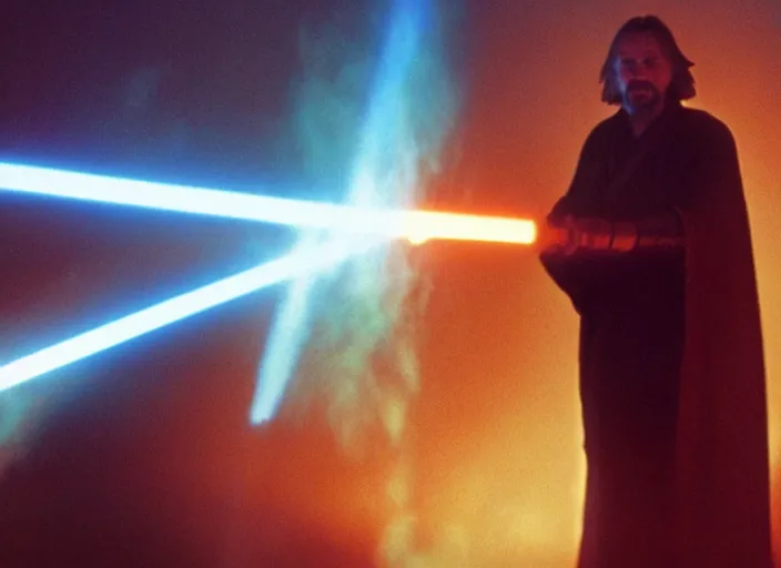 Prompt: screenshot of Luke skywalker kneeling before the larger than life glowing blue spirit of qui gon jinn at a hazy lit ancient Jedi cathedral, screenshot from the 1970s star wars thriller directed by stanley kubrick, Photographed with Leica Summilux-M 24 mm lens, ISO 100, f/8, Portra 400, kodak film, anamorphic lenses