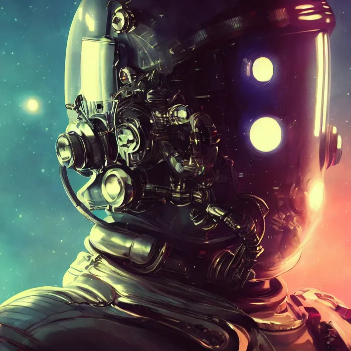 Image similar to portrait art of 8k ultra realistic retro futuristic astronaut helmet, lens flare, atmosphere, glow, detailed,intricate,blade runner, cybernetic, full of colour, cinematic lighting, trending on artstation, 4k, hyperrealistic, focused, extreme details,unreal engine 5, cinematic, masterpiece, art by ayami kojima, giger