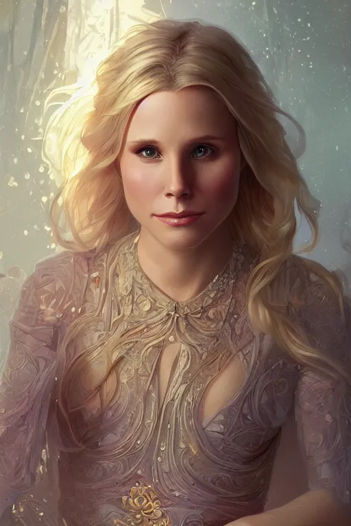 Image similar to beautiful Kristen Bell, intricate, elegant, highly detailed, digital painting, artstation, concept art, smooth, sharp, focus, illustration, art by artgerm and greg rutkowski and alphonse mucha