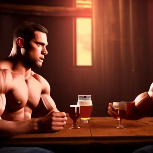 Image similar to cinematic scene with attractive muscular male and another attractive muscular male, drinking their hearts out, in the pub, dramatic, small details, volumetric lighting, still frame