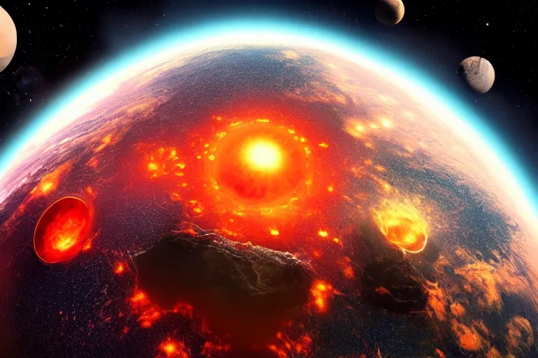 Prompt: concept art of a planet seen from space where hundreds atomic explosions are erupting over the entire planet, cinematic, vibrant, hyper realistic