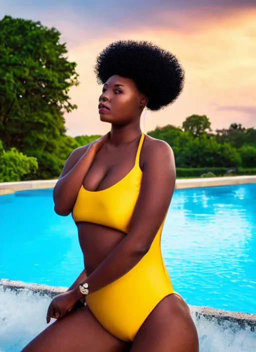 Image similar to a plump afro girl on the edge of the pool in a galographic swimsuit, a swimsuit with a lock on the chest, afro pigtails hairstyle, sunset mood, vogue style,, golden ratio, perfect composition, medium close - up ( mcu ), cannon ef 6 5 mm f / 2. 8 8 k