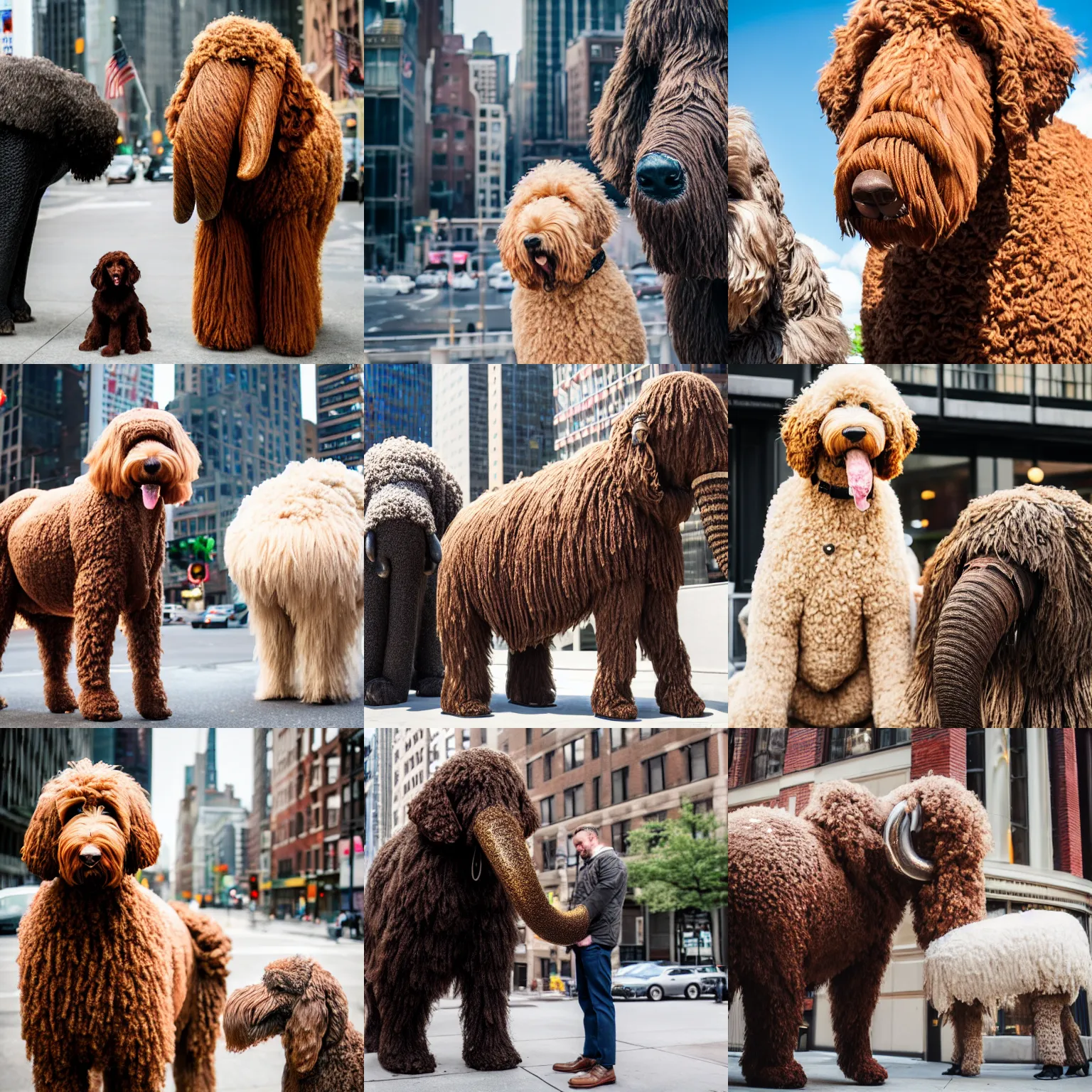 Prompt: a goldendoodle standing next to a wooly mammoth in NYC, extremely detailed, professional photography, 4k/8k