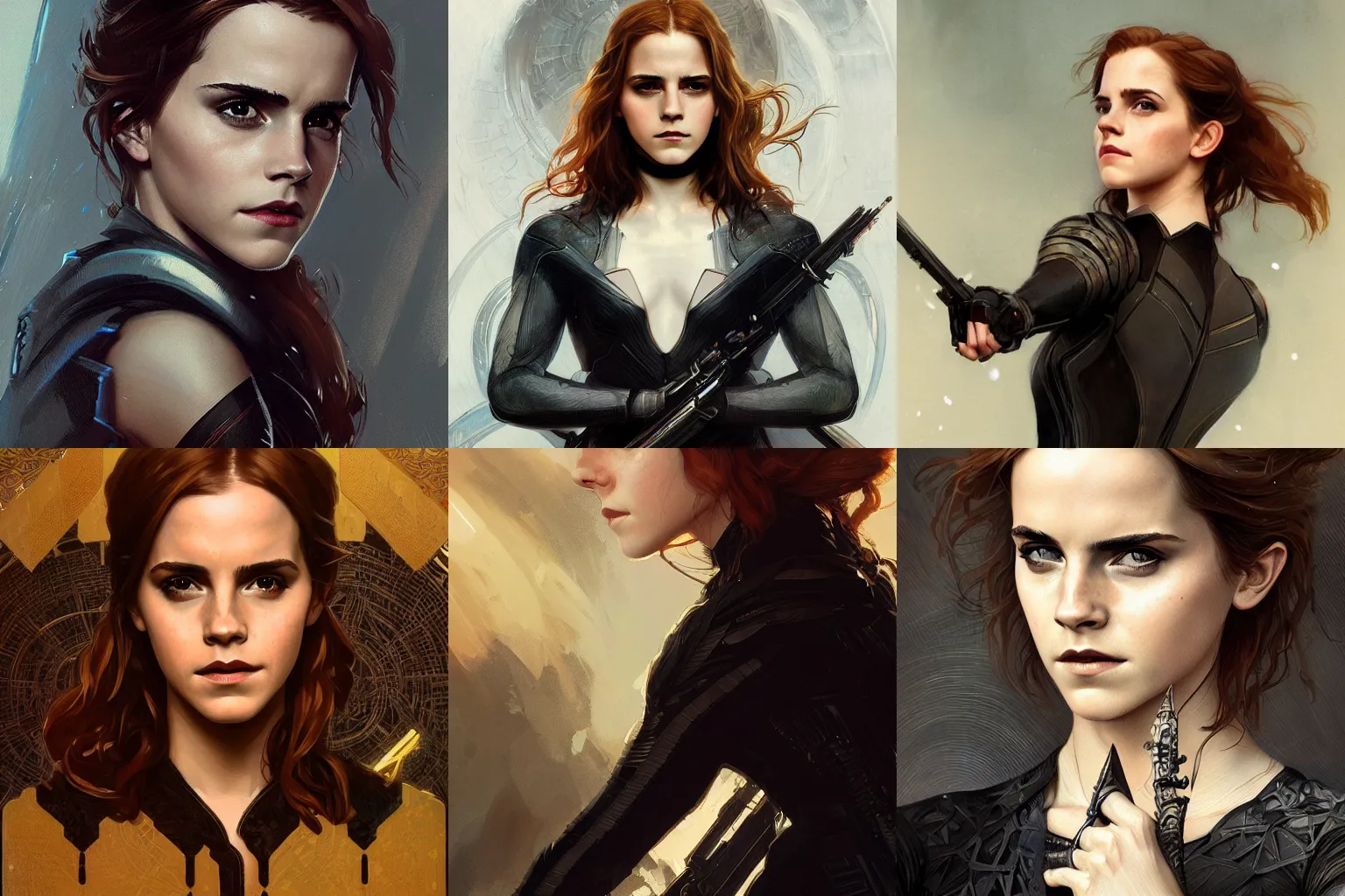 Prompt: Emma Watson as the Black Widow, intricate, highly detailed, digital painting, artstation, concept art, sharp focus, illustration, art by greg rutkowski and alphonse mucha