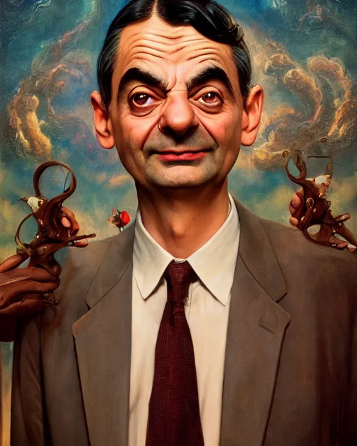 Image similar to vintage mr. bean movie poster by karol bak, james jean, tom bagshaw, rococo, sharp focus, trending on artstation, cinematic lighting, hyper realism, octane render, 8 k, hyper detailed.